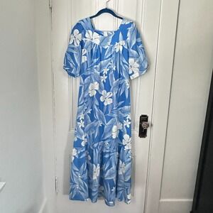 Royal Creations Hawaii Blue Floral Maxi Dress Size M Vintage